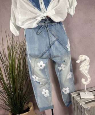 NEU  Stretch baggy Jeans Denim S.Woman 8053 BLUMEN tiefer Schritt S M L XL