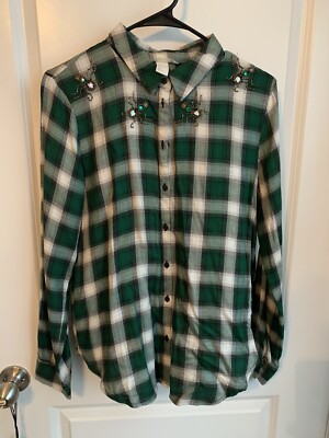 H&M Plaid Shirt Size 10 Green Embellished Jewel Beetle Button Up Top