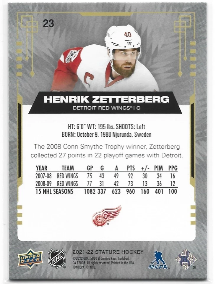 2021-22 Upper Deck Stature Henrik Zetterberg Photo Variant #23 44/99 - Image 2 of 2