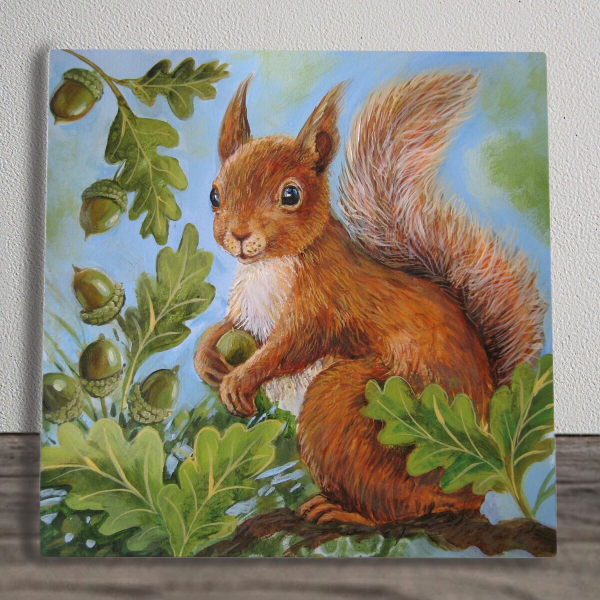 Ceramic Printed Picture Tile ""Acorn Squirrel"" By Judith Yates Boxed 20cm x 20cm