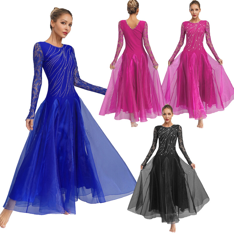 Women's Long Sleeve A-line Swing Lace Seams Ballroom Rumba Tango Dance Dress Women's Long Sleeve A-line Swing Lace Seams Ballroom Rumba Tango Dance Dress