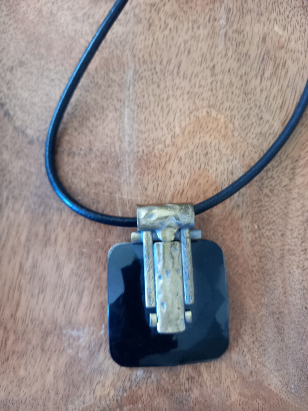 Solid Brass Black Resin Statement Necklace  Leath… - image 4