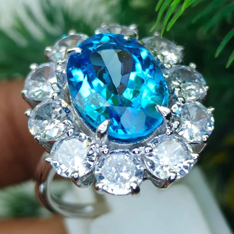 6.70 Ct Oval Cut Certified Natural Topaz & Diamond Real 18k White Gold Ring - Image 3 of 4