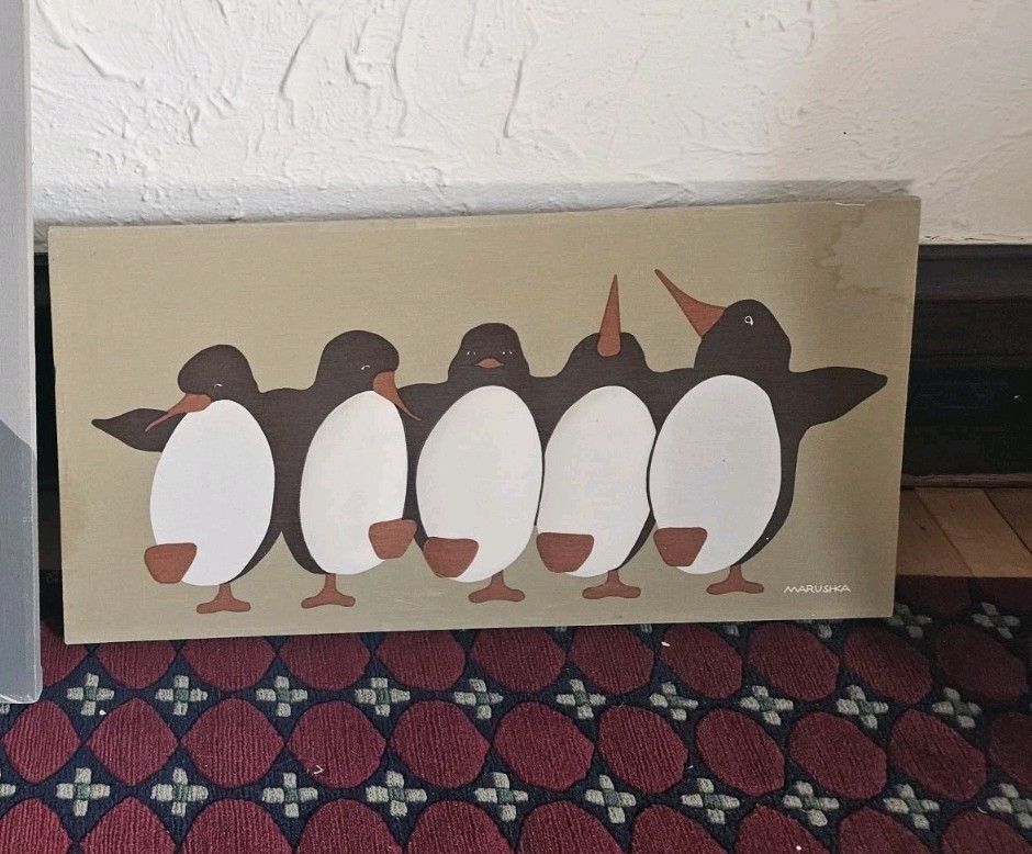 Rare Vtg Marushka Framed 3D Penguins Screen Print Wall Art 24x12