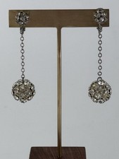 Vintage Rhinestone Disco Ball Dangle Drop Clip On Earrings Silver Tone Metal 60s