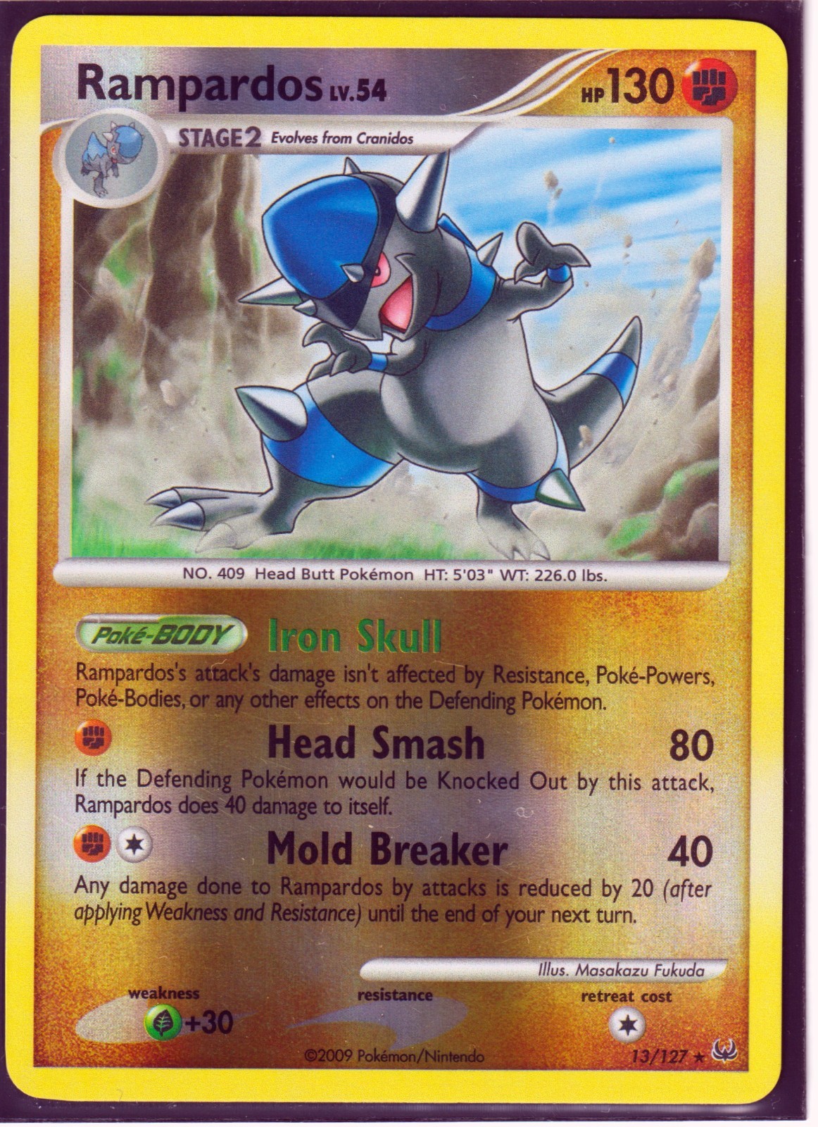 2009 POKEMON Card RAMPARDOS 13/127-PLATINUM- RARE-REVERSE HOLO- NM/LP (Excellent