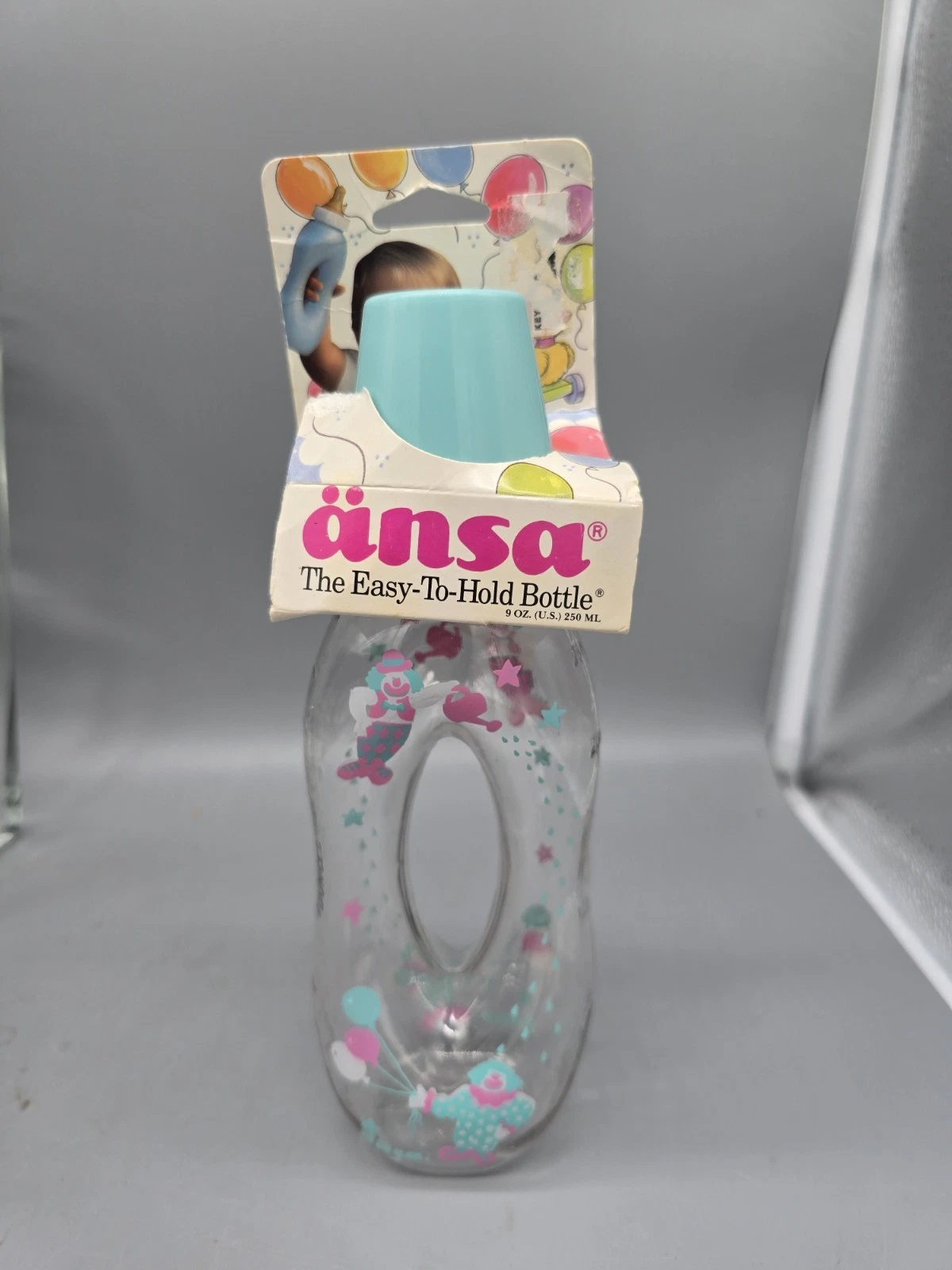 NOS Ansa Easy To Hold Baby Bottle 9oz Clowns New