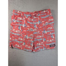 Vineyard Vines Mens Sailboat Lighthouse Swim Trunks Coral Red Size L 7" Inseam