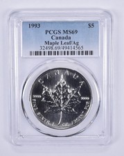 1993 Canada 5 Dollars Silver Maple Leaf MS69 PCGS Blue Label *1075