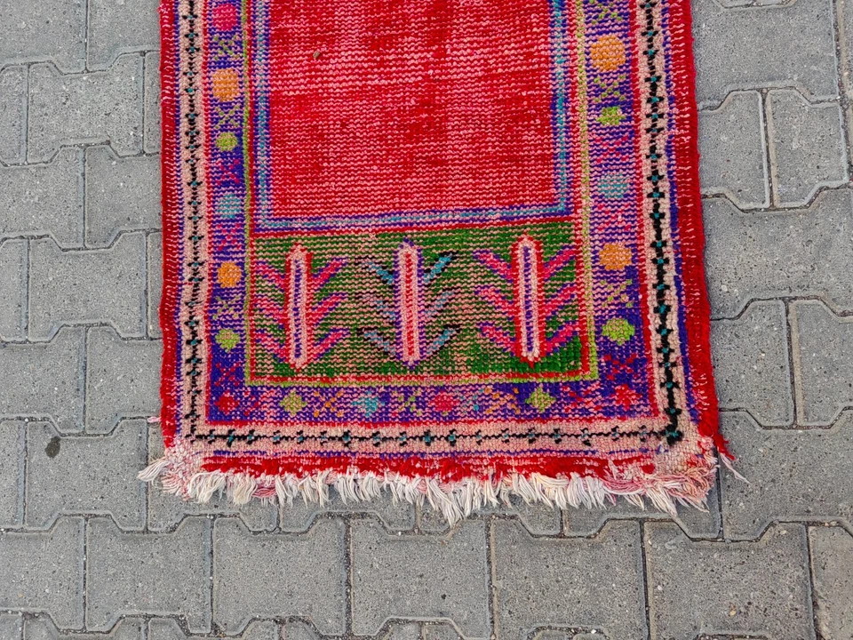 Vintage Turkish Small Rug 4.9x2.6 ft | Red Prayer Motif, Colorful Anatolian - Image 2 of 4