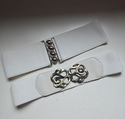 Wide Stretch Women s Waist Belt, White Solid, Silver Tone Metal Buckle, OS