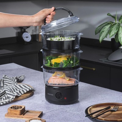 Salter Kuro 3-stufiger Dampfgarer 7,5 L Elektrischer Gemüsedampfer 60 Min Timer