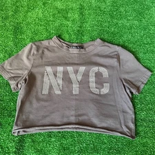 SHEIN Rhinestone Embellished NYC Cropped Brown Tee Short Sleeve T-Shirt Size M