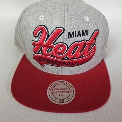 Miami Heat Hat Mitchell & Ness Gray/Red Adjustable Leather Strap NBA Basketball