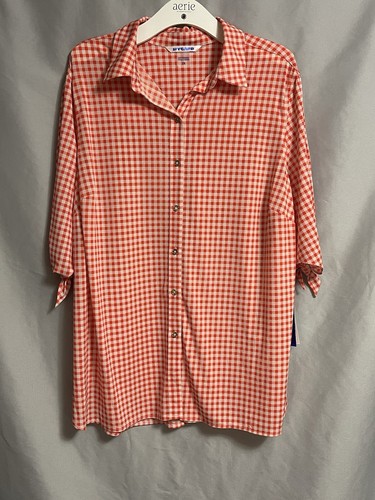 Peter Nygard Damen Top 2X orange weiß kariert Knopf vorne geschlitzt Ärmel Polyester - Bild 10 von 10