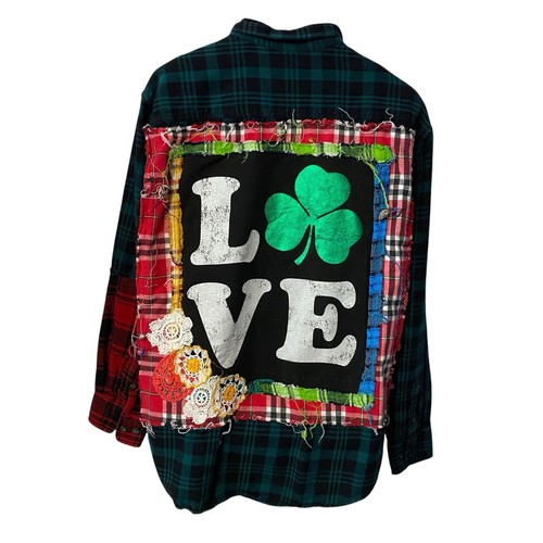 Upcycled Flannel Shirt Womens 1X St Patricks Lucky Grunge Shacket Rock Art - Picture 11 of 15