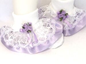 GIRLS WHITE FRILLY LACE SOCKS SIZE LOTS OF SIZES LILAC BOW