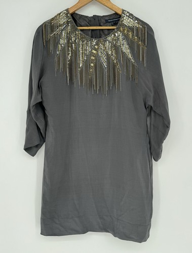 French Connection Shift Dress Beaded Fringe Gray 100% Silk Women’s Size 6
