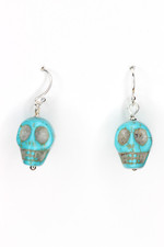 Halloween Skull Blue Charm Earrings Sterling Silver .925 Hooks Costume 1"