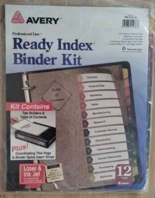 Avery Ready Index Binder Kit 12 tabs Table Of Contents PRI-213-12 NOS