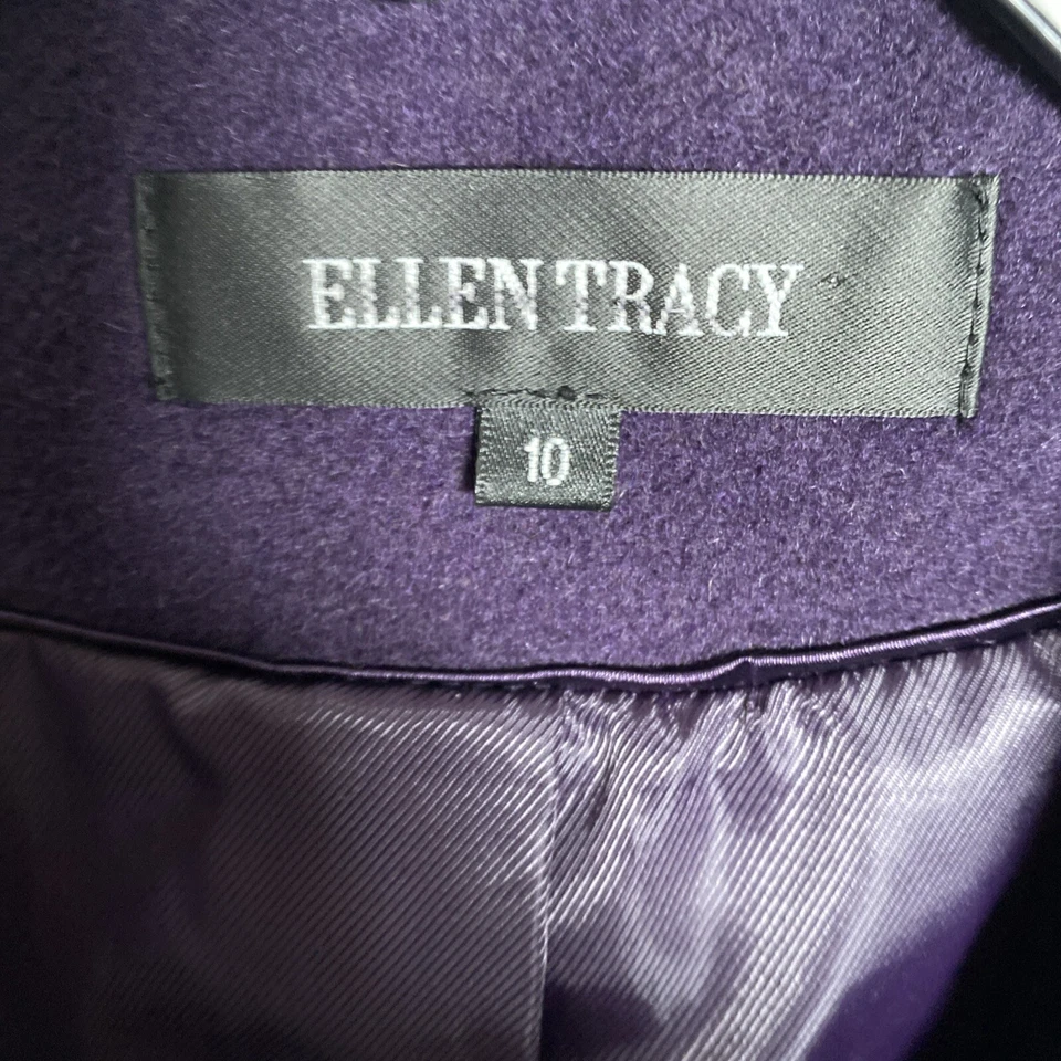 Ellen Tracy Wool Angora Blend Coat Black Button Front Closure Size 10 Plum Color - Image 2 of 4