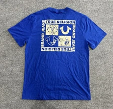 True Religion Shirt Mens Medium Blue Buddha Guitar Short Sleeve Textured 14