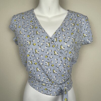 YMI Blue Floral Tie Waist Crop Top M Boho Y2K Festival Stretchy Cottagecore