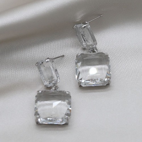 Women Double Square Earring Crystal Drop Earrings Temperament Ear Dangle 1Pair - Picture 7 of 18