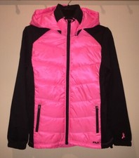 Fila Fan Favorite Neon Pink Black Breast Cancer Puffer Coat Jacket Womens Sz S M