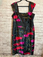 Jones Wear Dress Womens 16W Satin Black Floral Tiered Layered Pleated Party Plus