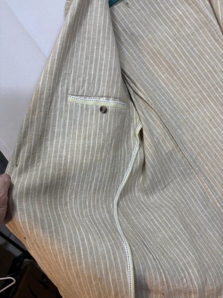 Brandini Chaqueta Lino Hombre Grande Tostado Blanco Rayas Primavera Verano Clásico Foto 4 de 4