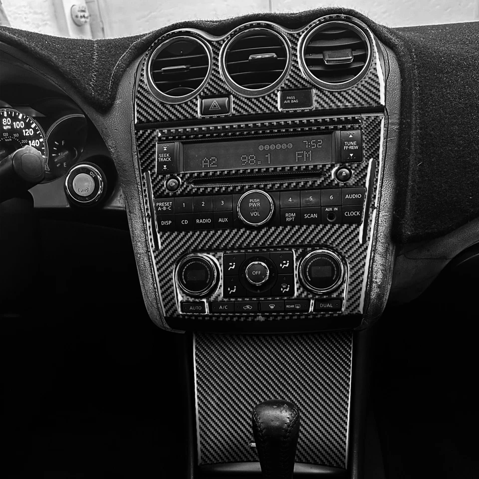 Kits de molduras de consola central de fibra de carbono real de 14 piezas para Nissan Altima Teana 2008-12 Foto 3 de 4