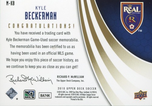 UPPER DECK 2010 SOCCER KYLE BECKERMAN #M-KB MLS MATERIALS RELIC CARD - Bild 2 von 2