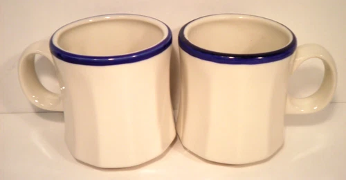 2 Homer Laughlin Restaurant Ware Cups Heavy Blue White Stripe Paneled Coffee Mug