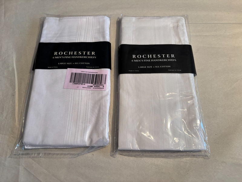 Mens Handkerchiefs Rochester Large White Cotton 2 packages of 6 New w/ tags