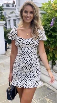 Zara Ruched Polka Dot Puff Sleeve Mini Dress Milkmaid Ivory & Black Dots Medium