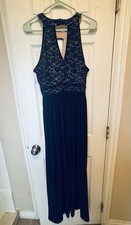 Nightway Navy Blue Lace Sequin Sleeveless Halter Long Gown Dress 10P