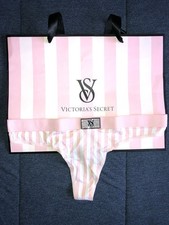 Victoria's Secret Logo Cotton Shine Patch Thong Panty In Stripes Size Large NWT