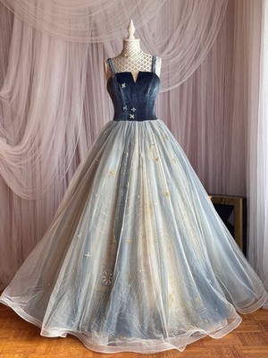 Abendkleid Abiball Hochzeitsgast Kleid Prinzessinnenkleid Samt Tüll Blau 