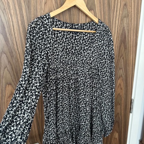 French Connection Black White Floral Leaf Tiered Long Sleeve Mini Smock Dress 10 - Picture 3 of 8