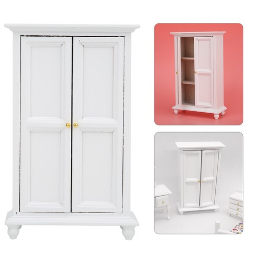 _Miniature Doll House Wardrobe White Wooden Double Door Household Closet - Picture 3 of 12