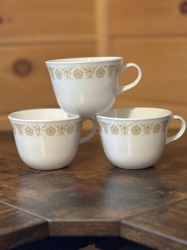 VTG Corelle Livingware By Corning Set of 3 Butterfly Gold Coffee Tea Cup Mugs