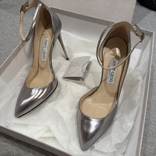 Jimmy Choo Women Size 37.5 Silver Color Pump With Ankle Strap
