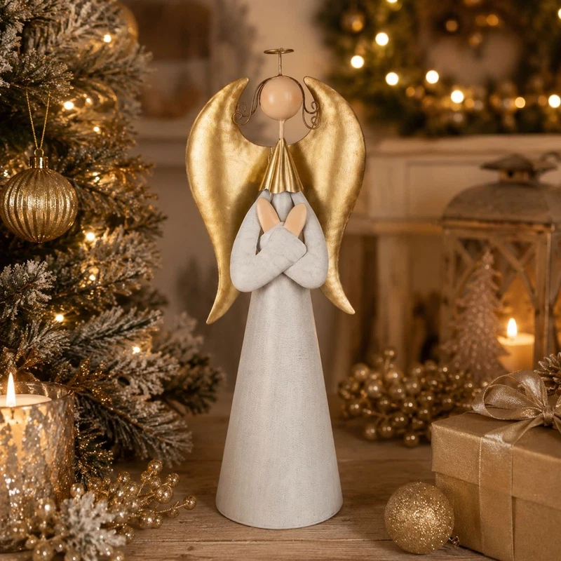 Angelo Decorativo in Latta Bianco e Oro Ali Dorate Natale Soprammobile H 41 cm, fotografia 4 di 9