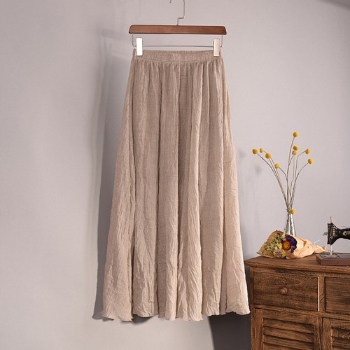 Women's Skirt Elastic Waist Pleated Cotton Linen Long Skirts Summer Beach Skirts - Picture 4 of 21