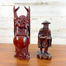 Chinese Laughing Buddha, Chinese Shoulao Hand Carved Wood Statues 12" and 9"