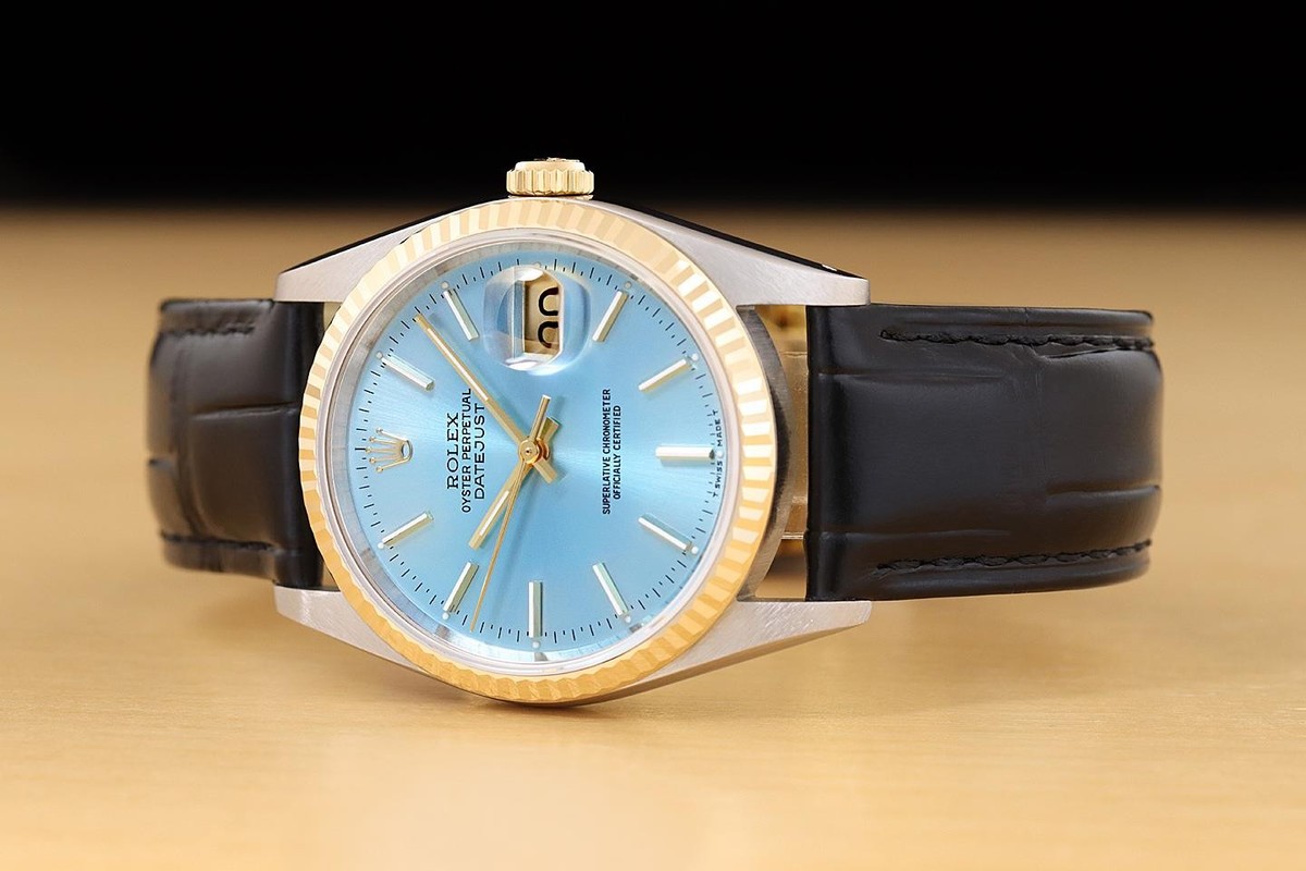 ROLEX MENS DATEJUST 16233 ICE BLUE 18K GOLD STEEL WATCH w/ BLACK
