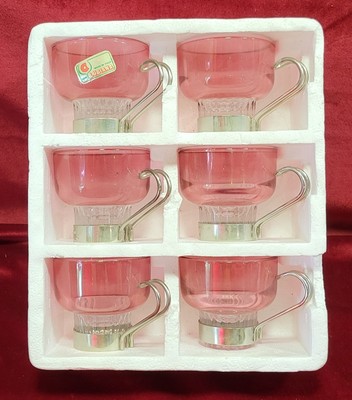 LUBIANA Pink Crystal Espresso Cups with Metal Handles and Base (6) ITALY