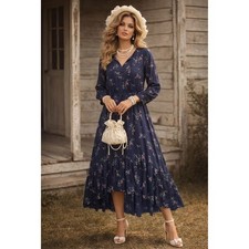 Lucky Brand Midi Dress Womens XL Navy Blue Floral Boho Cottagecore Whimsigoth