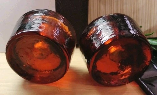 Vintage Blenko MCM(?) Amber Toned Art Glass Puck Candle Holder Set of 2!